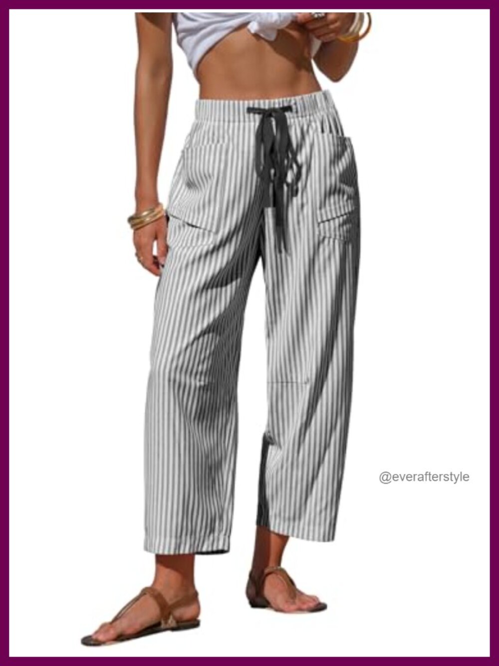 Faux Linen Striped Barrel Capri Pants Drawstring Trousers